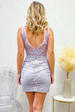 Lilac Appliques Plunge V Backless Tight Short Homecoming Dresses OK1738
