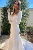 Off White V-Neck Open Back Long Sleeves Mermaid Wedding Dress OK1540