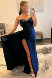 Navy Blue Sweetheart Sheath Long Prom Dress with Slit Evening Party Dresses OK1897