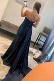 Navy Blue Sweetheart Sheath Long Prom Dress with Slit Evening Party Dresses OK1897