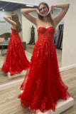 Chic Strapless Red A Line Tulle Long Prom Dress with Lace Appliques OK1968