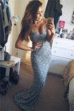 Spaghetti Straps Long Blue V-neck Sparkly Mermaid Prom Dress For Teens K763