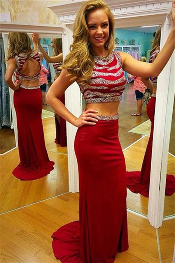 Red Beaded Two Pieces Mermaid Long Open Back Prom Dress K733