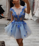 Blue Round Neck Lace Appliques Short Prom Dresses, Blue Tulle Evening Dress OKP52