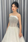 Off White A Line Spaghetti Straps Beading Elegant Long Prom Dresses OKP74