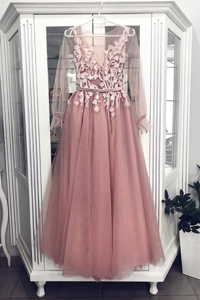 Pink A Line Tulle Long Sleeves Floor Length Prom Dresses OKP75