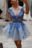 Blue Round Neck Lace Appliques Short Prom Dresses, Blue Tulle Evening Dress OKP52