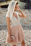 A Line V Neck Tulle Short Prom Dresses, Cap Sleeves Cheap Homecoming Dress OKP54
