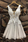 Gray Tulle Lace Short Prom Dresses, V Neck Homecoming Dress OKP32