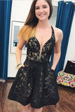 Great A-Line V-Neck Short Black Lace Homecoming Dress With Pockets OK1002