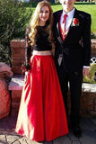 Long Sleeves Two Pieces Red Skirt Black Lace Prom Dress For Teens K680
