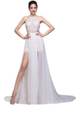 Lace Long Chiffon White Halter Open Back Prom Dress OK7