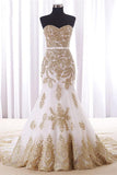 Sweep Train Mermaid Strapless White Long Prom Dress With Gold Lace K709