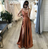A Line Brown Long Prom Dress With Slit Simple Evening Party Dress OK1301