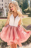 Sweet A-Line V-Neck Sleeveless Short Pink V Neck Homecoming Dress With Lace OKZ47