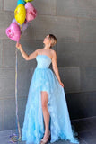 Light Blue Elegant Strapless High Low Long Prom Dress With Appliques OKT38