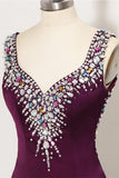 Sweep Train Plum Beaded Long Front Split Mermaid Prom Dress For Teens K740