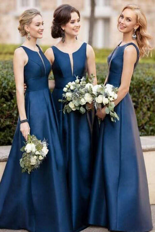 Simple A-Line Satin Navy Blue Bridesmaid Dresses with Illusion V Inset OKN2