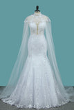 New Arrival Tulle Scoop Wedding Dresses Mermaid With Lace Appliques OKE77