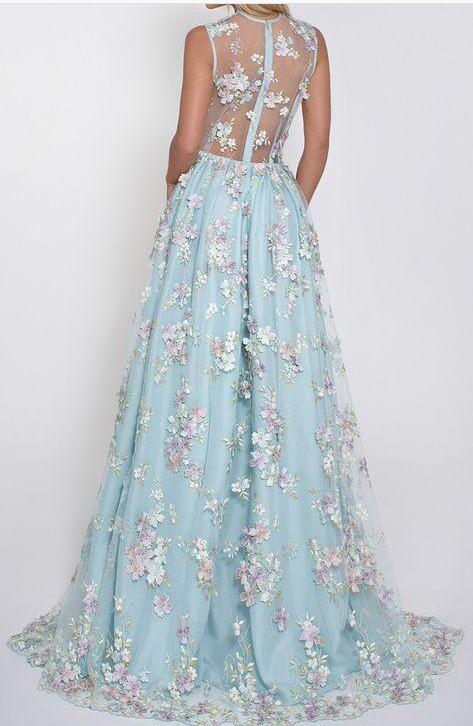 Floral Lace Deep V-neck A Line Light Sky Blue Princess Prom Dresses OKA42