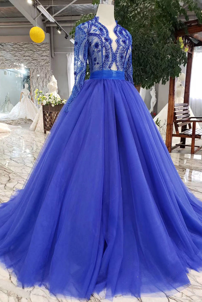 Royal Blue Tulle Long Sleeves Prom Dress, Quinceanera Dresses OKK8