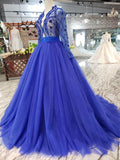 Royal Blue Tulle Long Sleeves Prom Dress, Quinceanera Dresses OKK8