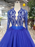 Royal Blue Tulle Long Sleeves Prom Dress, Quinceanera Dresses OKK8