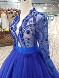 Royal Blue Tulle Long Sleeves Prom Dress, Quinceanera Dresses OKK8