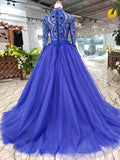 Royal Blue Tulle Long Sleeves Prom Dress, Quinceanera Dresses OKK8