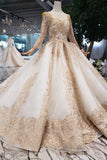 New Arrival Prom Dress Long Sleeves Ball Gown Scoop With Applique Beads Lace Up Back OKK16