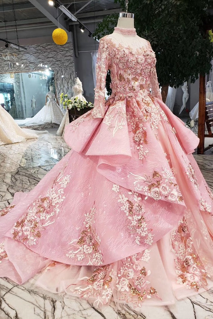 New Arrival Pink Prom Dress Long Sleeves Ball Gown High Neck Quinceanera Dresses OKK17