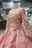 New Arrival Pink Prom Dress Long Sleeves Ball Gown High Neck Quinceanera Dresses OKK17