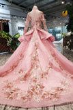 New Arrival Pink Prom Dress Long Sleeves Ball Gown High Neck Quinceanera Dresses OKK17