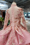 New Arrival Pink Prom Dress Long Sleeves Ball Gown High Neck Quinceanera Dresses OKK17