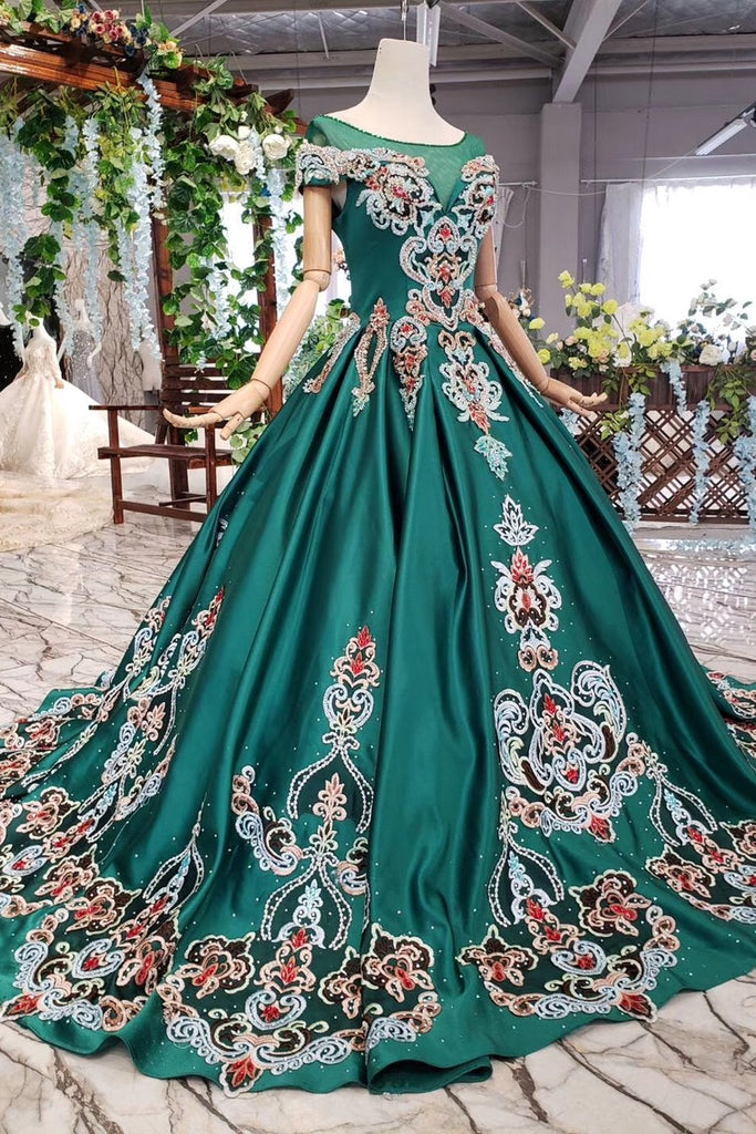 New Arrival Prom Dresses Short Sleeves Green Ball Gowns With Applique Beads OKK18