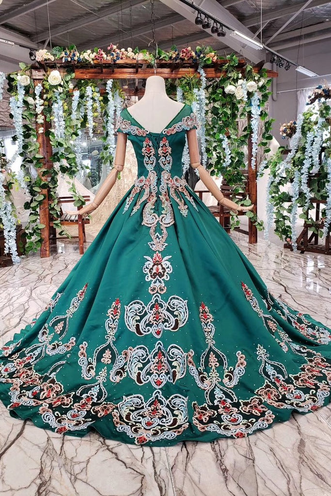 New Arrival Prom Dresses Short Sleeves Green Ball Gowns With Applique Beads OKK18