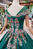 New Arrival Prom Dresses Short Sleeves Green Ball Gowns With Applique Beads OKK18