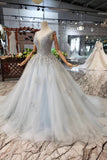 New Arrival Wedding Dress V Neck Lace Up Back Beads Prom Dress Tulle OKL17