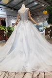 New Arrival Wedding Dress V Neck Lace Up Back Beads Prom Dress Tulle OKL17