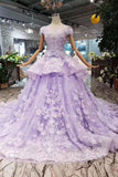 Lilac Short Sleeves Lace Up Back Appliques Tulle Princess Prom Dress OKL20