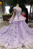 Lilac Short Sleeves Lace Up Back Appliques Tulle Princess Prom Dress OKL20