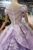 Lilac Short Sleeves Lace Up Back Appliqued Tulle Princess Prom Dress OKL20