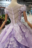 Lilac Short Sleeves Lace Up Back Appliques Tulle Princess Prom Dress OKL20