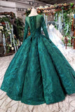 Scoop Long Sleeves Lace Up Back Green Prom Dress OKL21