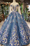 Scoop Long Sleeves Lace Up Back Blue Appliques Prom Dress OKL23