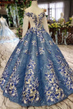 Scoop Long Sleeves Lace Up Back Blue Appliques Prom Dress OKL23