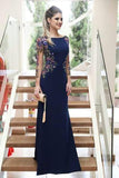 Sheath Long Sleeves Navy Blue Prom Dress With Floral Embroidery OKJ65