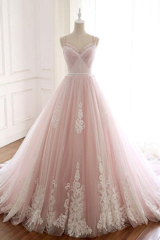 Pink Tulle Prom Dresses with Lace Appliques, A Line Formal Evening Party Dresses OKJ50