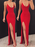 Sexy Mermaid Spaghetti Straps Red Side Slit Long Prom Dress OKK5
