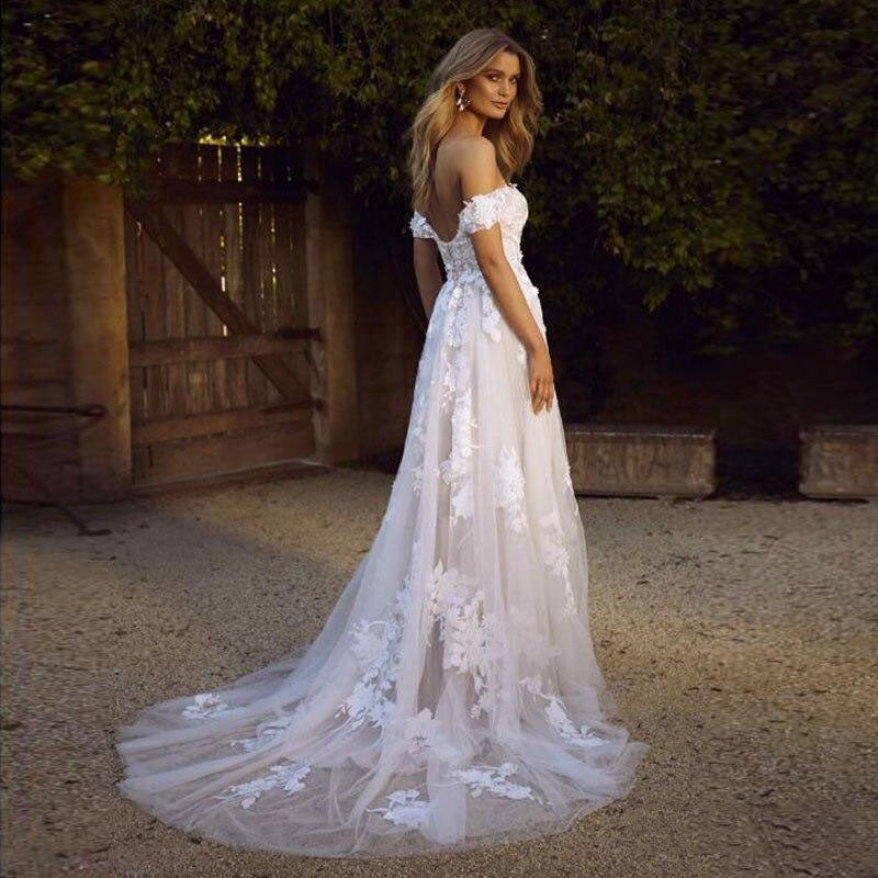 Simple A-Line Off the Shoulder White Beach Wedding Dress OKM89